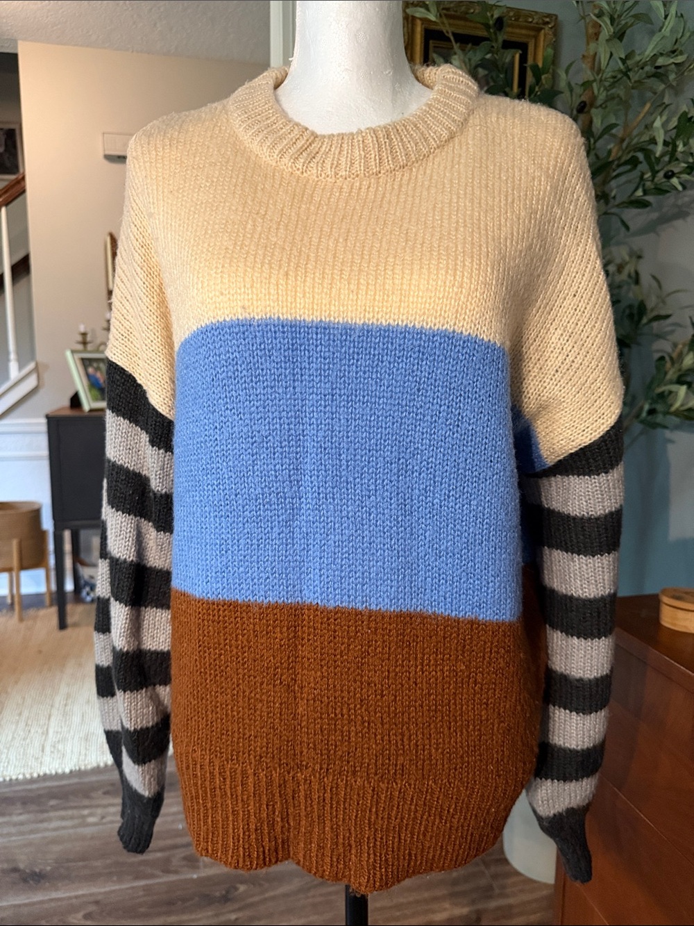Colorblock Stripe Crewneck Sweater - Cream, Blue & Brown